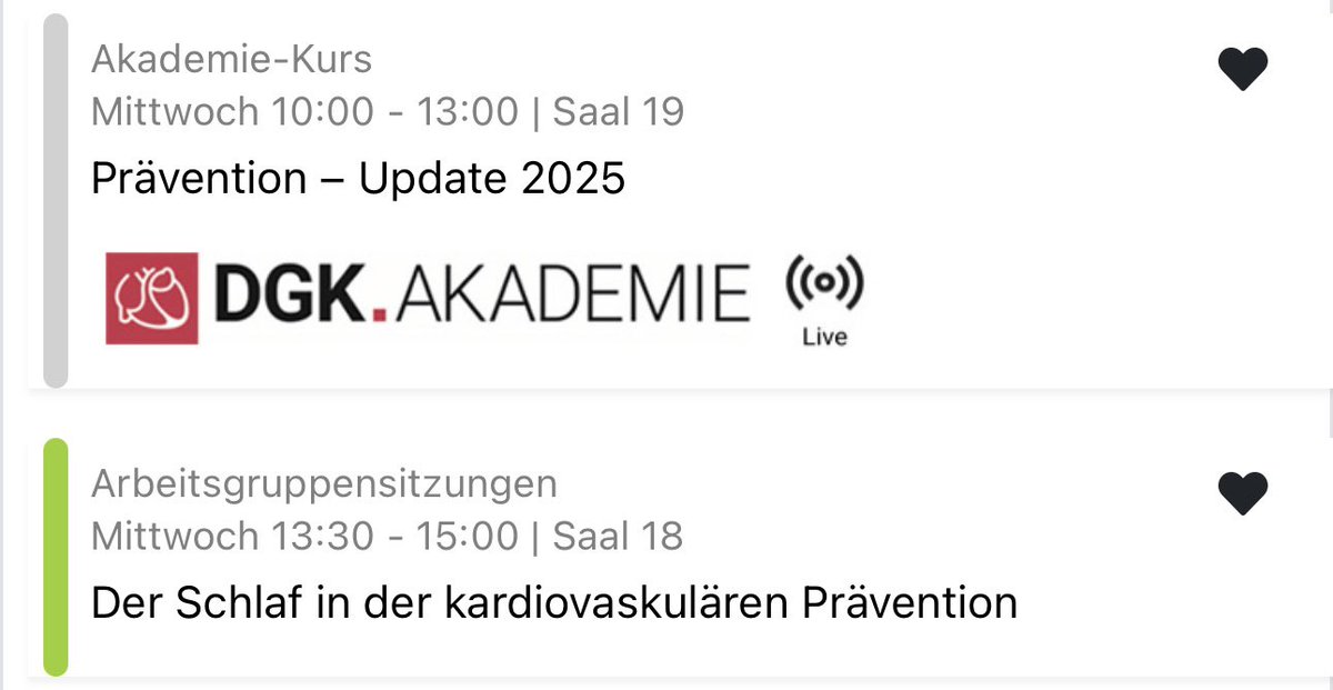 Sebastian Feickert (@sebfeickert) on Twitter photo Heute geht’s los! #DGKJahrestagung startet und bereits heute gibt es spannende Sitzungen zum Thema #Prävention !
Nicht verpassen:
🧠Akademie-Kurs „Prävention – Update 2025“
🕙 10:00–13:00 | Saal 19
🛌 AG-Sitzung „Der Schlaf in der kardiovaskulären Prävention“
🕧 13:30–15:00 | Heute geht’s los! #DGKJahrestagung startet und bereits heute gibt es spannende Sitzungen zum Thema #Prävention !
Nicht verpassen:
🧠Akademie-Kurs „Prävention – Update 2025“
🕙 10:00–13:00 | Saal 19
🛌 AG-Sitzung „Der Schlaf in der kardiovaskulären Prävention“
🕧 13:30–15:00 |