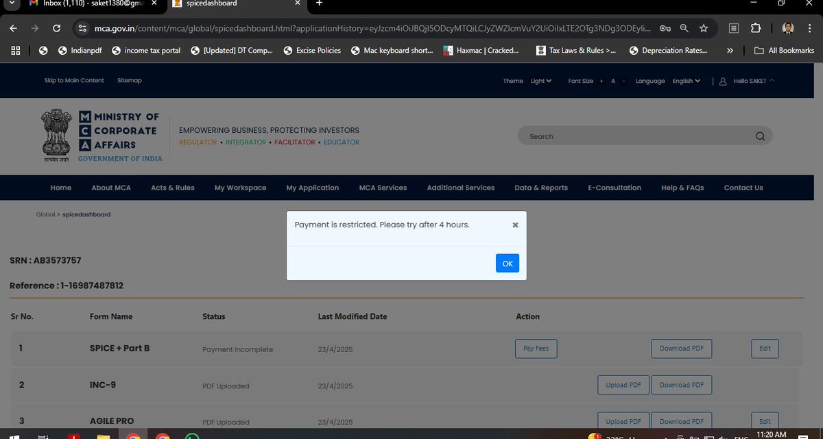 Whats this nonsense ? <a href="/HelpdeskMCA21V3/">Helpdesk-MCA21V3</a> <a href="/MCA21India/">Ministry of Corporate Affairs</a> Plz remove this 4 hours restriction from the MCA portal while filing SPICE forms for incorporation of new company.