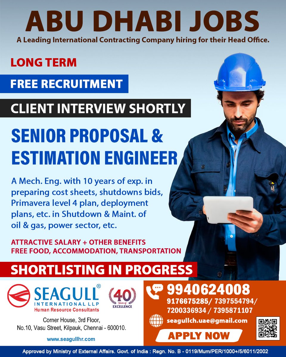 hrd1_seagull's tweet image. 🇦🇪Abu Dhabi Jobs 
💻Client Interview Shortly
Location - Chennai
.

.

.
#abudhabhi #seniorproposal #estimationengineer #contractingcompany