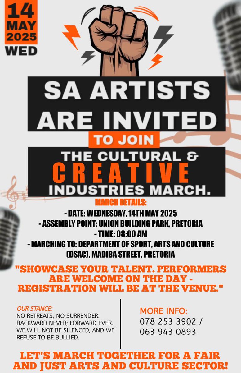 SAAC is inviting all artists from different provinces to join the artists' march on the 14th May 2025 to the Union Building &amp; the Deptof Sport, Arts &amp; Culture. Artists are saying "Enough is Enough"
#NosurrenderNoretreat
#Wewillnotbesilent 
#ARTISTSMATTER 
#creativesdeservebetter