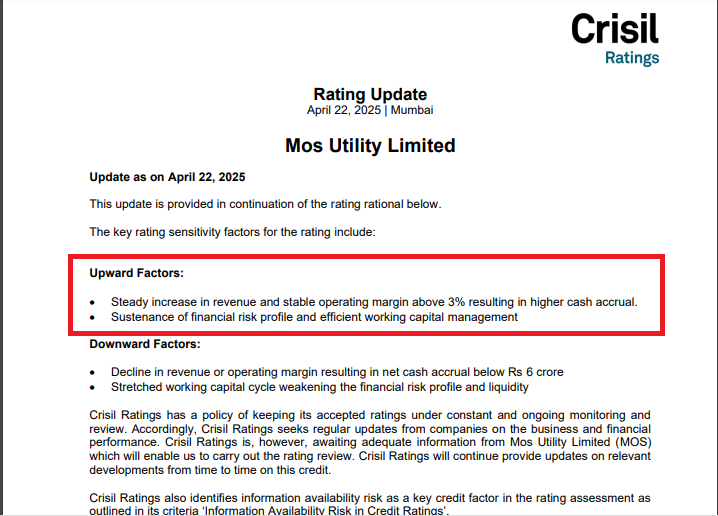 sachprat07's tweet image. #SME #MOS #MOSUTILITY
MOS UTILITY Rating Update:

👉Reaffirmed revenues to be near ~500cr FY25 vs 174cr FY24, owing to acquisitions

👉Cash accrual expected to remain 9-14 cr each year

👉Stable operating margin expected above 3% owing to diversified business segments