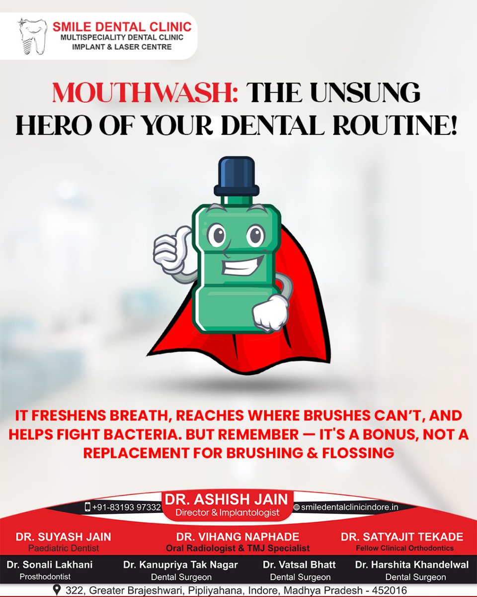 SmileDentalInd's tweet image. Mouthwash: The Unsung Hero of Your Dental Routine! It freshens breath, fights bacteria, and reaches those tricky spots your brush and floss might miss.
Contact us:+91 83193 97332
..
..
#mouthwashmagic #oralhealthmatters #dentalroutine #freshbreathdaily #smiledentalclinic #indore