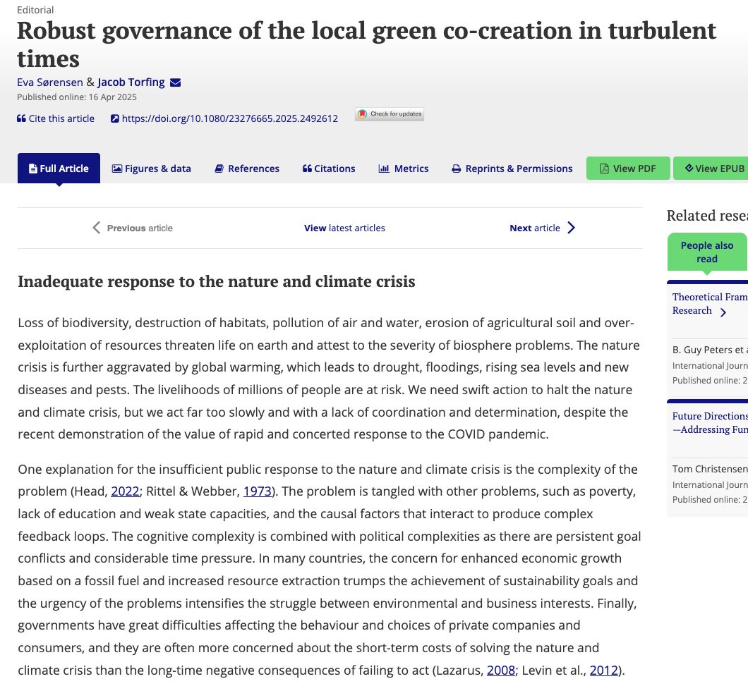 Hot off the press! A new editorial on an exciting topic of robust governance ("the use of flexible adaptation and proactive innovation to uphold key purposes") by Sørensen and Torfing buff.ly/7w01yHe