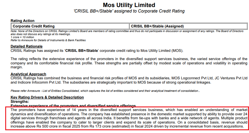 sachprat07's tweet image. #SME #MOS #MOSUTILITY
MOS UTILITY Rating Update:

👉Reaffirmed revenues to be near ~500cr FY25 vs 174cr FY24, owing to acquisitions

👉Cash accrual expected to remain 9-14 cr each year

👉Stable operating margin expected above 3% owing to diversified business segments