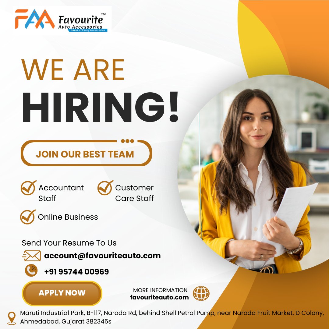 favourite_auto's tweet photo. 🚨 We're HIRING in Ahmedabad!
Join Favourite Auto Accessories 👥
Open Roles:
✅ Accountant Staff
✅ Customer Care
✅ Online Business
📧 Send resume: account@favouriteauto.com
📞 +91 95744 00969
🌐 https://t.co/i3szCRCY2m
#JobAlert #AhmedabadJobs #NowHiring #CareerOpportunity https://t.co/8g3gmnT3aR