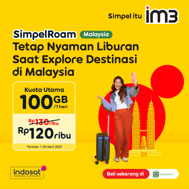 indosatim3's tweet photo. Liburan ke Malaysia jadi makin nyaman tanpa takut kehabisan kuota!
SimpleRoam kasih kamu kuota utama 100GB cuma Rp120 ribuโpuas internetan sambil explore destinasi seru!
Langsung beli di Tokopedia sebelum 30 April ya! ๐ฑ
#SimpleItuIM3 https://t.co/4nso6rIbZw