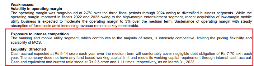 sachprat07's tweet image. #SME #MOS #MOSUTILITY
MOS UTILITY Rating Update:

👉Reaffirmed revenues to be near ~500cr FY25 vs 174cr FY24, owing to acquisitions

👉Cash accrual expected to remain 9-14 cr each year

👉Stable operating margin expected above 3% owing to diversified business segments