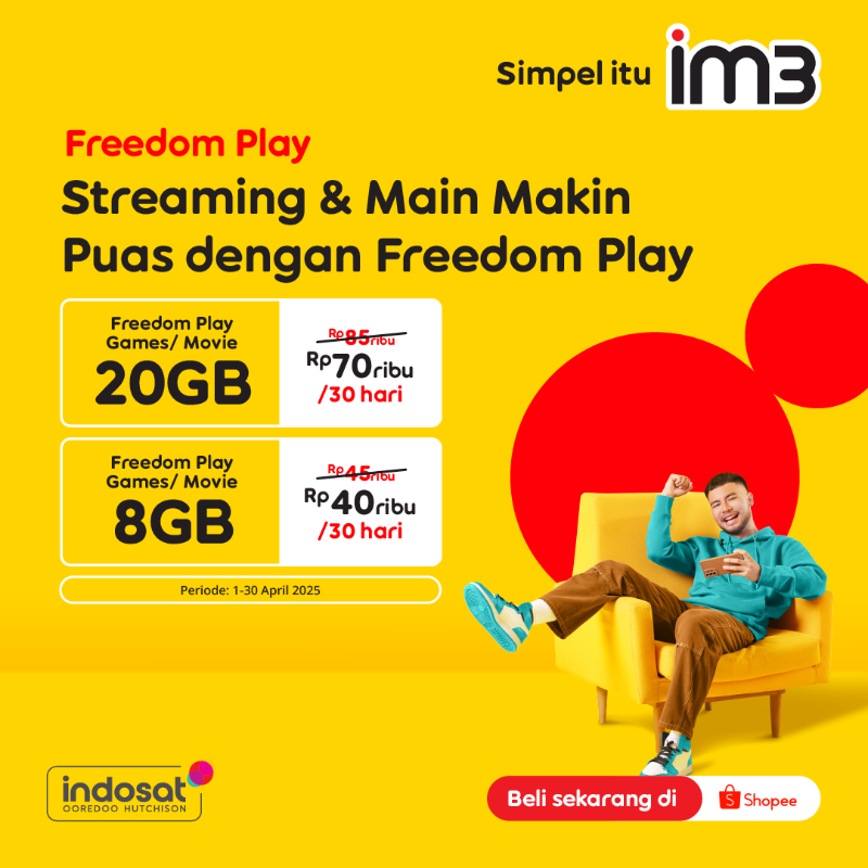 indosatim3's tweet photo. Mau streaming atau main games, semua makin puas pakai Freedom Play!
Mulai dari Rp40 ribu aja, kamu udah bisa dapetin kuota gaming sampai 20GB.
Langsung beli di Shopee sebelum 30 April ๐ฎ
#SimpleItuIM3 https://t.co/GjWf1KeHRI
