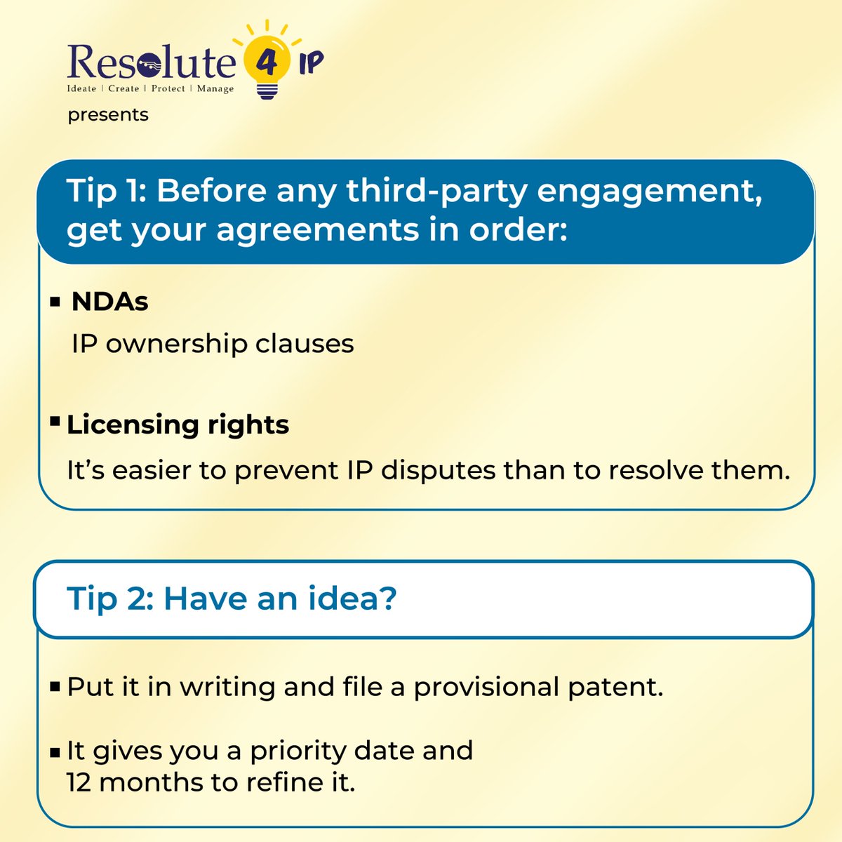 𝗟𝗼𝗰𝗸 𝗜𝘁 𝗗𝗼𝘄𝗻 𝗕𝗲𝗳𝗼𝗿𝗲 𝗬𝗼𝘂 𝗦𝗵𝗮𝗿𝗲

#IPTipsWithResolute4IP #InnovationProtection #ProvisionalPatent #LegalBasics #BrandProtection #IPStrategy #IPAwareness