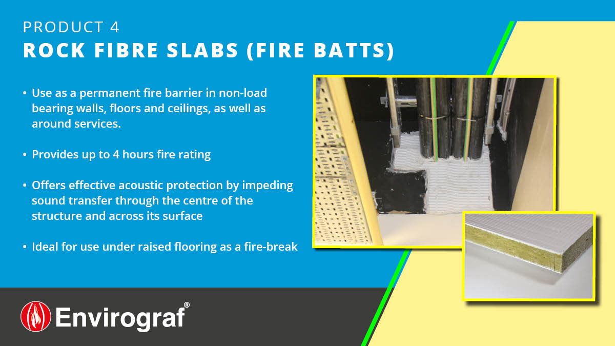 Our batts are High-density Rockwool slabs coated with intumescent on both main faces. Suitable for use as a permanent fire barrier in non-load bearing walls, floors &amp; ceilings, as well as around services. Supplied with intumescent jointing compound.  tinyurl.com/Envirograf4