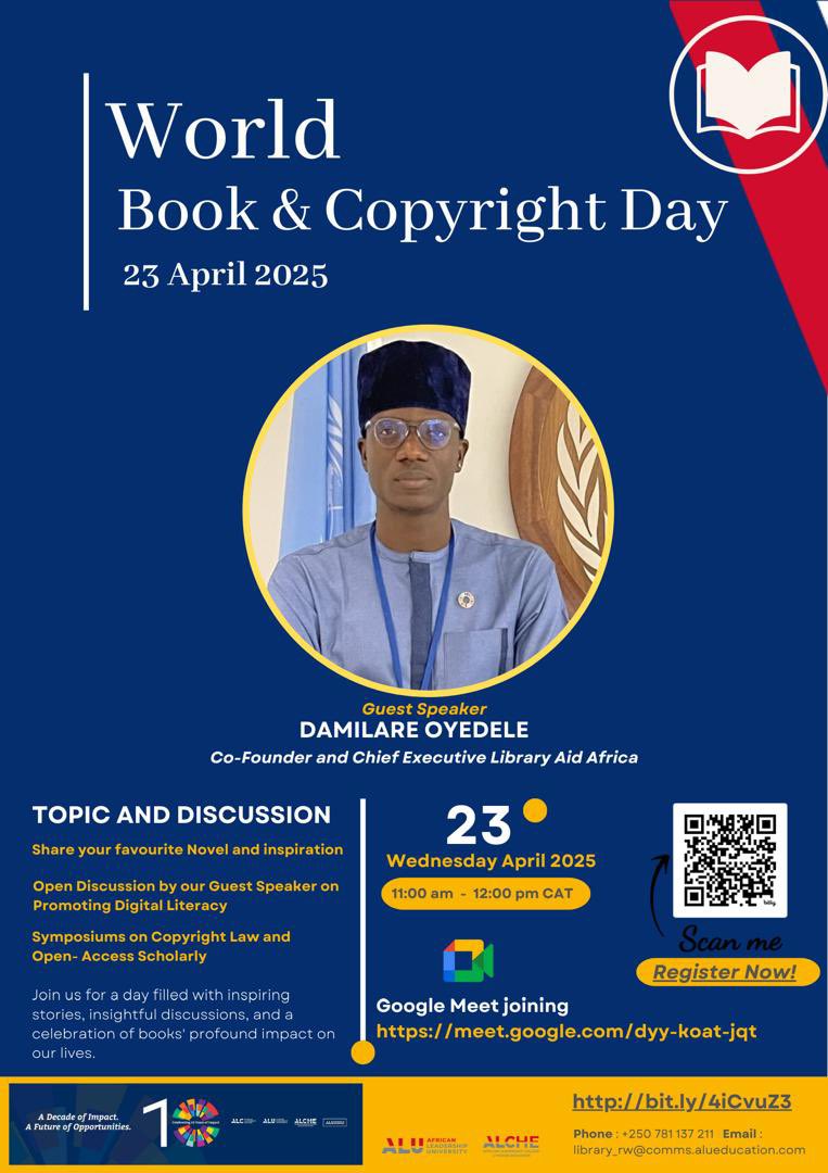 Damilare Oyedele (@damoyedele) on Twitter photo Later today, I will be joining <a href="/alueducation/">African Leadership University</a> to celebrate World Book and Copyright Day.
The session will provide insight into our work at <a href="/libraryaidafric/">Library Aid Africa</a> and an opportunity to discuss with <a href="/alueducation/">African Leadership University</a> faculty and students about the emergence of AI in research and creative Later today, I will be joining <a href="/alueducation/">African Leadership University</a> to celebrate World Book and Copyright Day.
The session will provide insight into our work at <a href="/libraryaidafric/">Library Aid Africa</a> and an opportunity to discuss with <a href="/alueducation/">African Leadership University</a> faculty and students about the emergence of AI in research and creative