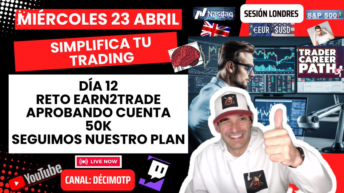 DecimoTP's tweet photo. Buen día 🧠TRADERS

Estamos en 🔴VIVO

Sesión 🇬🇧Londres - NQ / SP500

📢Día 12 reto EARN2TRADE 
Aprobando cuenta 50k
Seguimos nuestro plan

#trading #trader https://t.co/0gp5XszPQr