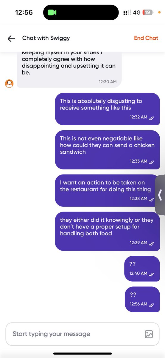 Prizzy1D's tweet photo. @SwiggyCares I have also posted all the pictures and everything, still no reply there so posting it here as well, I am expecting a proper response because this is unexplainable the ss are of how a “pure veg” claiming restaurant sent a chicken sandwich and your CSR stopped responding https://t.co/DClFAm2DEU