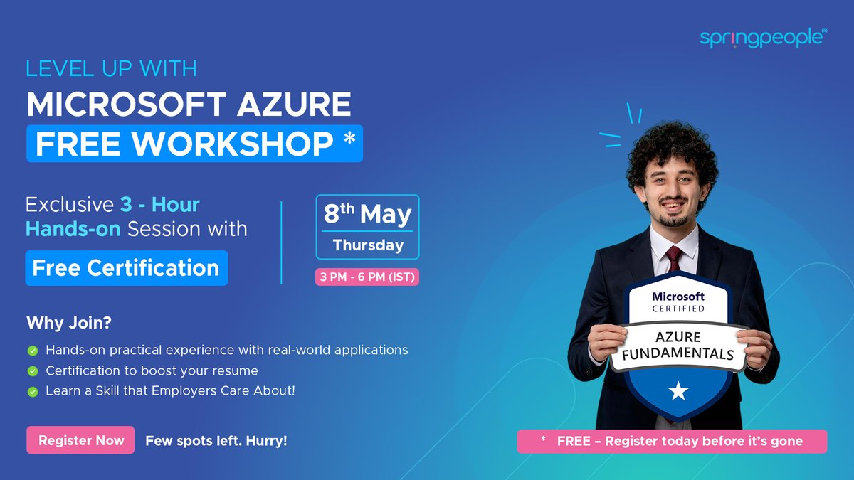 SpringPeople_SP's tweet image. Looking to Master Azure but Short on Time?
In just 3 hours, gain hands-on knowledge of Azure Fundamentals (AZ-900) with a free workshop and walk away with a career-boosting certificate.
Register now: springpeople.com/microsoft-azur…
#azurefundamentals #az900 #microsoftazure #techskills