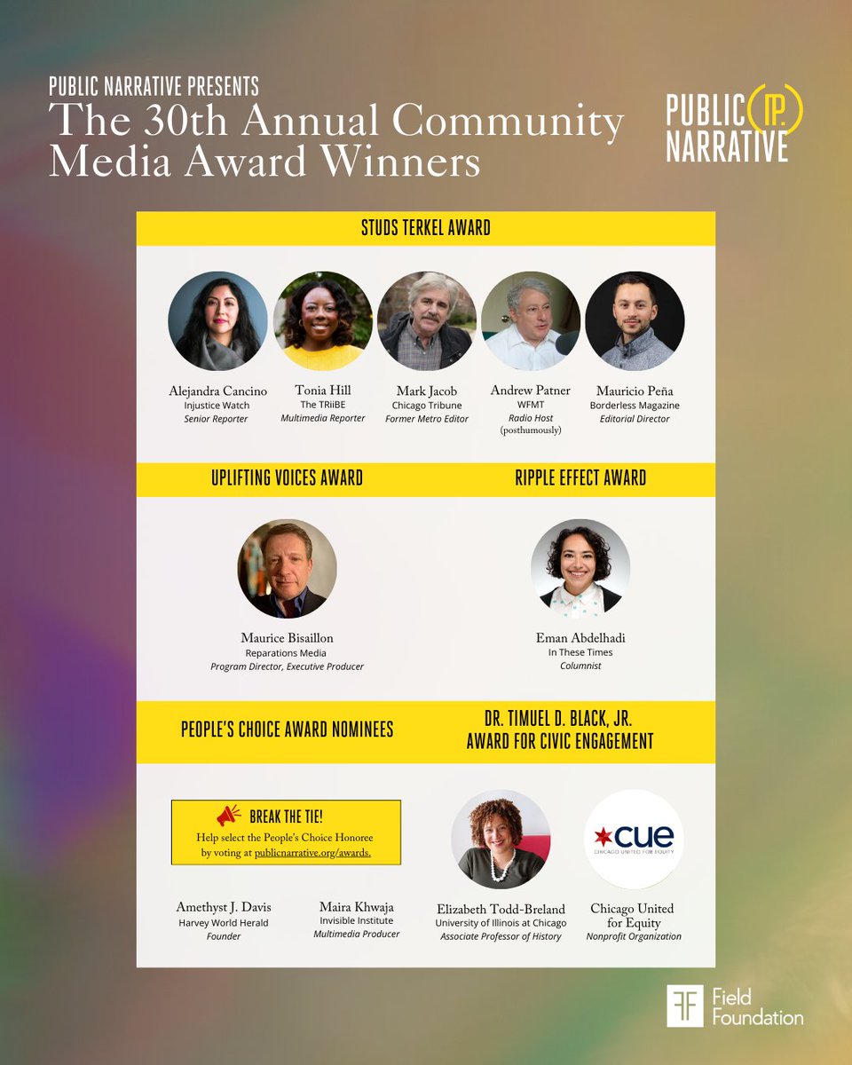 Chicago Journ Assoc (@cja_updates) on Twitter photo We extend hearty congratulations to <a href="/PublicNarrative/">Public Narrative</a>'s 30th annual Community Media Award winners! 🎉
Special shoutout to past CJA award winners, <a href="/WriterAlejandra/">Alejandra Cancino</a>, <a href="/_ToniaHill/">Tonia Hill</a> and <a href="/MauricioPena/">Mauricio Peña</a>!
We look forward to celebrating you all on May 1! We extend hearty congratulations to <a href="/PublicNarrative/">Public Narrative</a>'s 30th annual Community Media Award winners! 🎉
Special shoutout to past CJA award winners, <a href="/WriterAlejandra/">Alejandra Cancino</a>, <a href="/_ToniaHill/">Tonia Hill</a> and <a href="/MauricioPena/">Mauricio Peña</a>!
We look forward to celebrating you all on May 1!