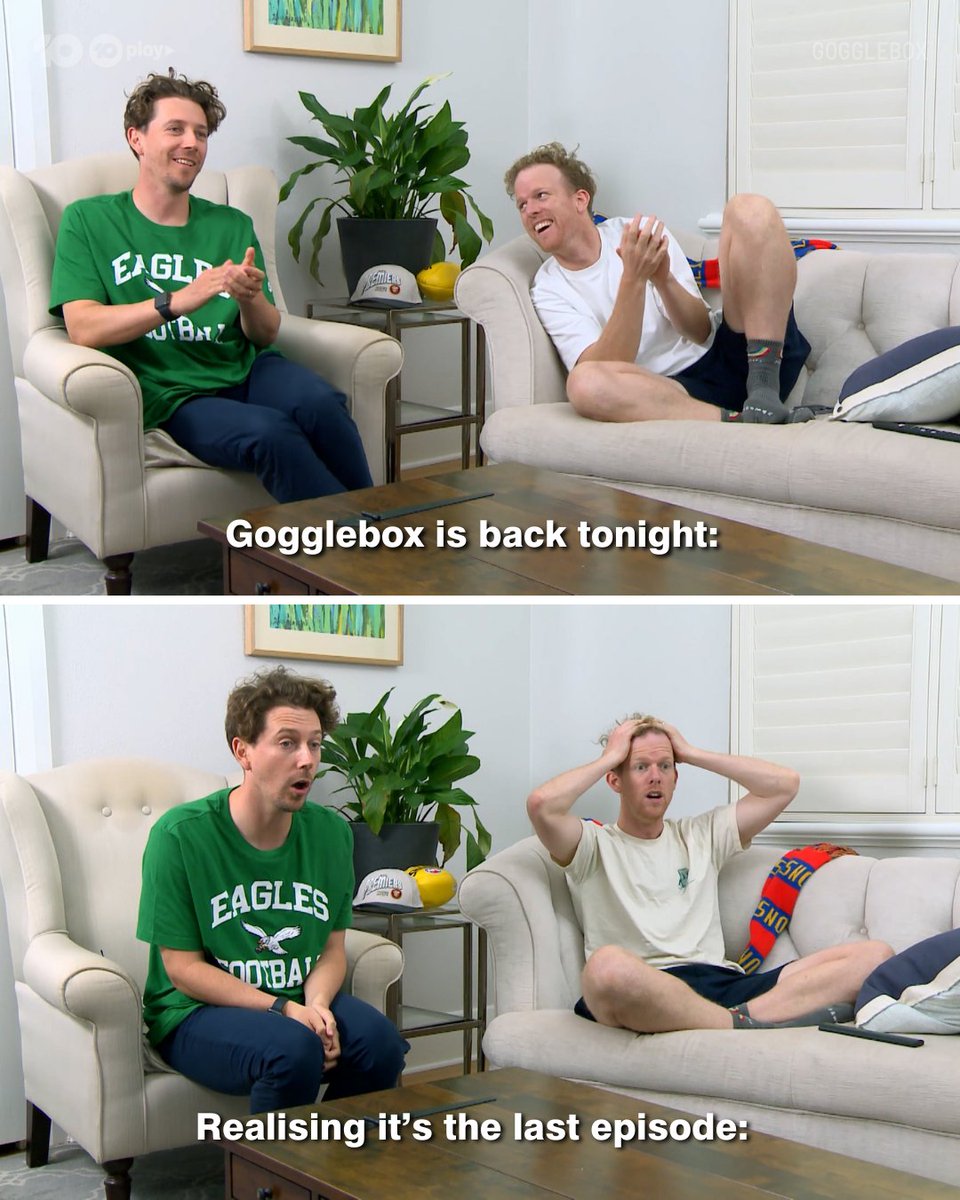 Season finale of #GoggleboxAU is here and we’re emotionally unprepared 😭

7.30 Tonight on @channel10au and 10 Play