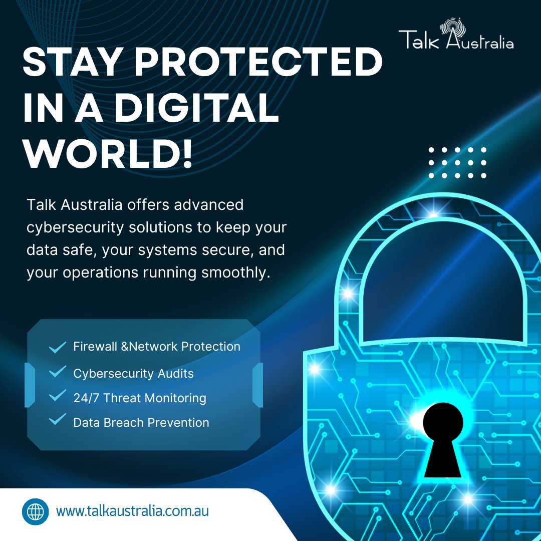 TalkAustralia's tweet photo. Cyber threats are growing fast. Is your business secure?

Talk Australia offers tailored #CyberSecurity solutions for Aussie businesses — firewall protection, 24/7 monitoring &amp; more.

#DataSecurity #NetworkSecurity #ITSupport #CyberSafe https://t.co/Pcn4SIF764