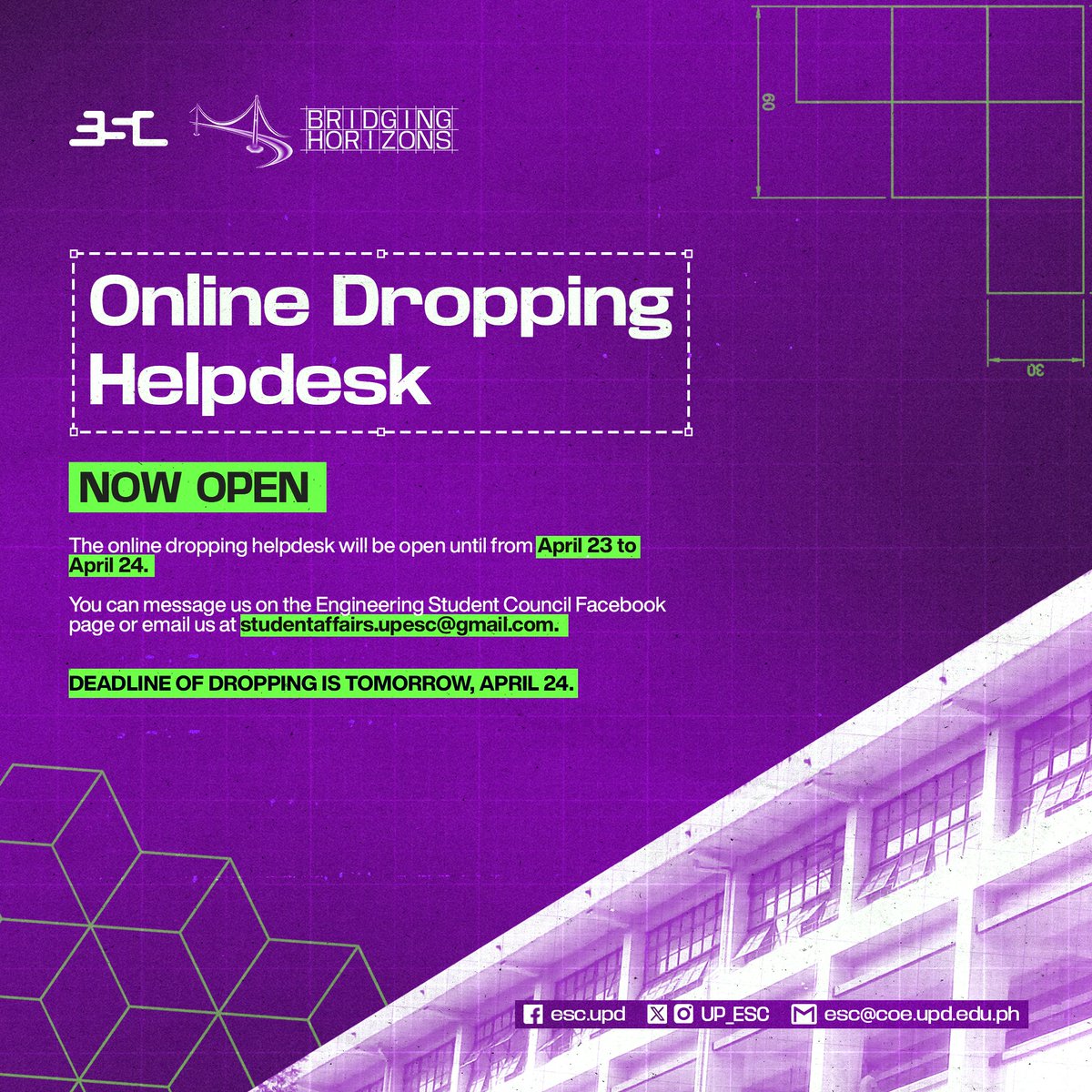 [ONLINE DROPPING HELPDESK IS NOW OPEN!]

The online dropping helpdesk will be open until from April 23 to April 24.

The deadline of dropping is TOMORROW, April 24.

You may see the detailed procedure on dropping of subjects on our.upd.edu.ph/files/flowchar…

#ESC2425