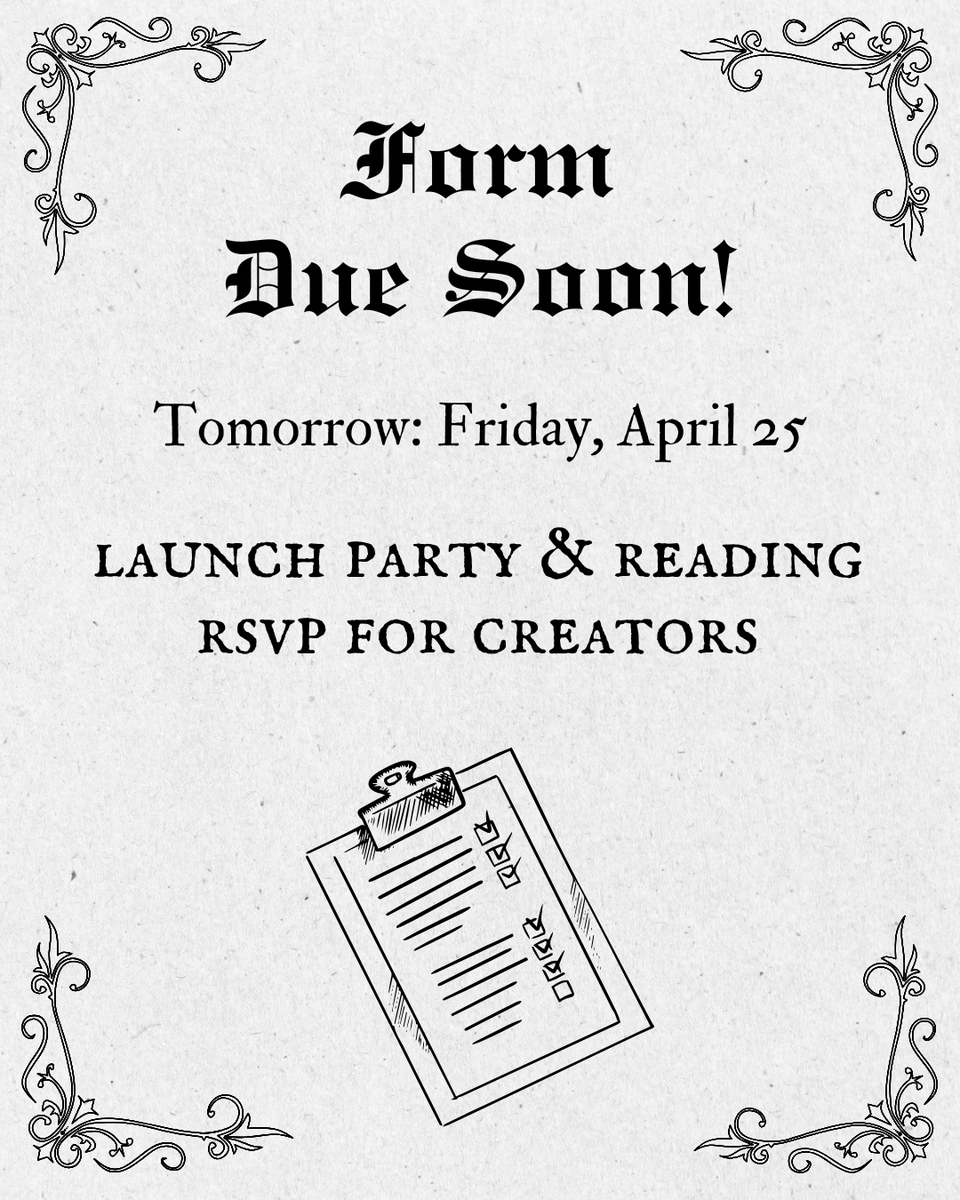Attention all published creators! To allow time for event preparation, please accept/decline your invitation by tomorrow night.

The Microsoft Form link has been sent to your email 2x now. It can now also be found in our Linktree. Reach out if you have any questions or concerns!