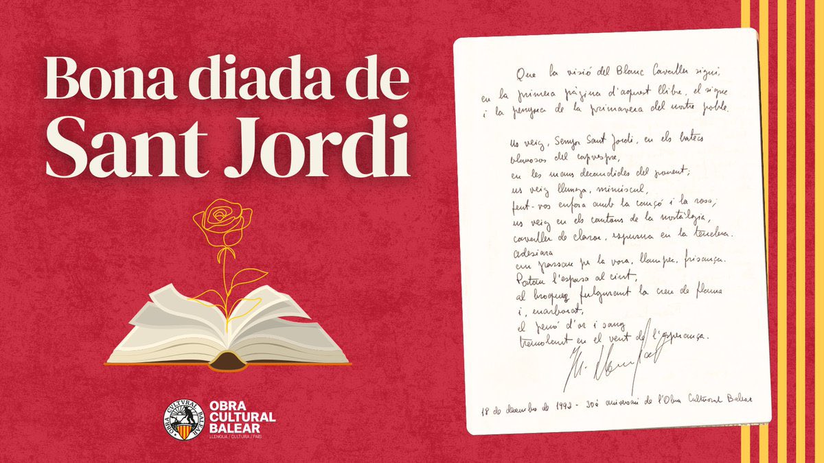 ocbcat's tweet photo. 🌹📚 Bona diada de Sant Jordi!📚🌹

🐉 Omplim els carrers i la nostra vida de llibres, llengua i cultura. Enguany, ho celebram amb un poema de Josep Maria Llompart dedicat a l'Obra Cultural Balear.

#AnyLlompart #SantJordi2025 https://t.co/pbQGqd6oWu