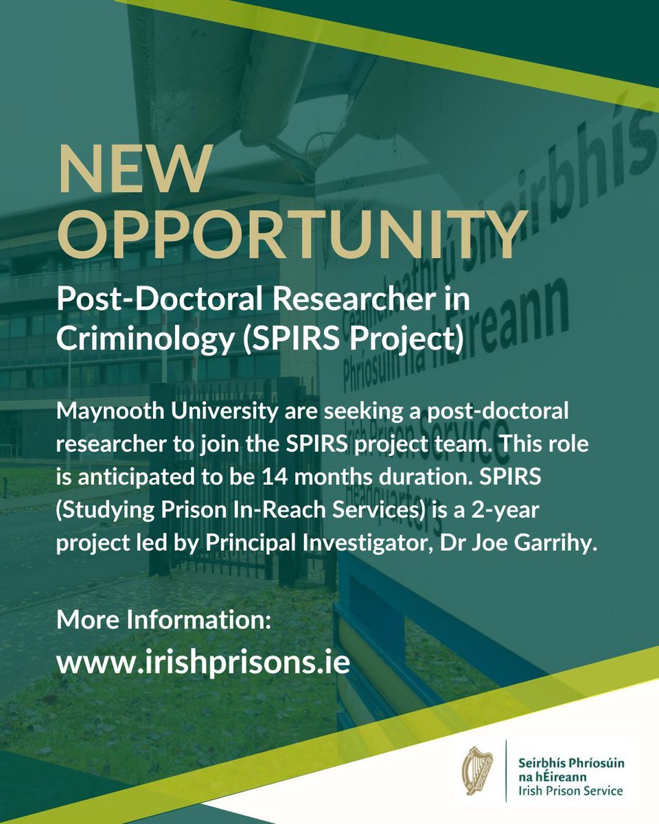Irish Penal Reform Trust (@iprt) on Twitter photo #jobfairy Opportunity from <a href="/IrishPrisons/">Irish Prison Service</a> – Post-Doctoral Researcher in Criminology
<a href="/MaynoothUni/">Maynooth University</a> is seeking a Post-Doctoral Researcher for a 14-month position. Studying Prison In-Reach Services is a two-year research project led by <a href="/JoeGarrihy1/">Joe Garrihy</a>.
Info: irishprisons.ie. #jobfairy Opportunity from <a href="/IrishPrisons/">Irish Prison Service</a> – Post-Doctoral Researcher in Criminology
<a href="/MaynoothUni/">Maynooth University</a> is seeking a Post-Doctoral Researcher for a 14-month position. Studying Prison In-Reach Services is a two-year research project led by <a href="/JoeGarrihy1/">Joe Garrihy</a>.
Info: irishprisons.ie.