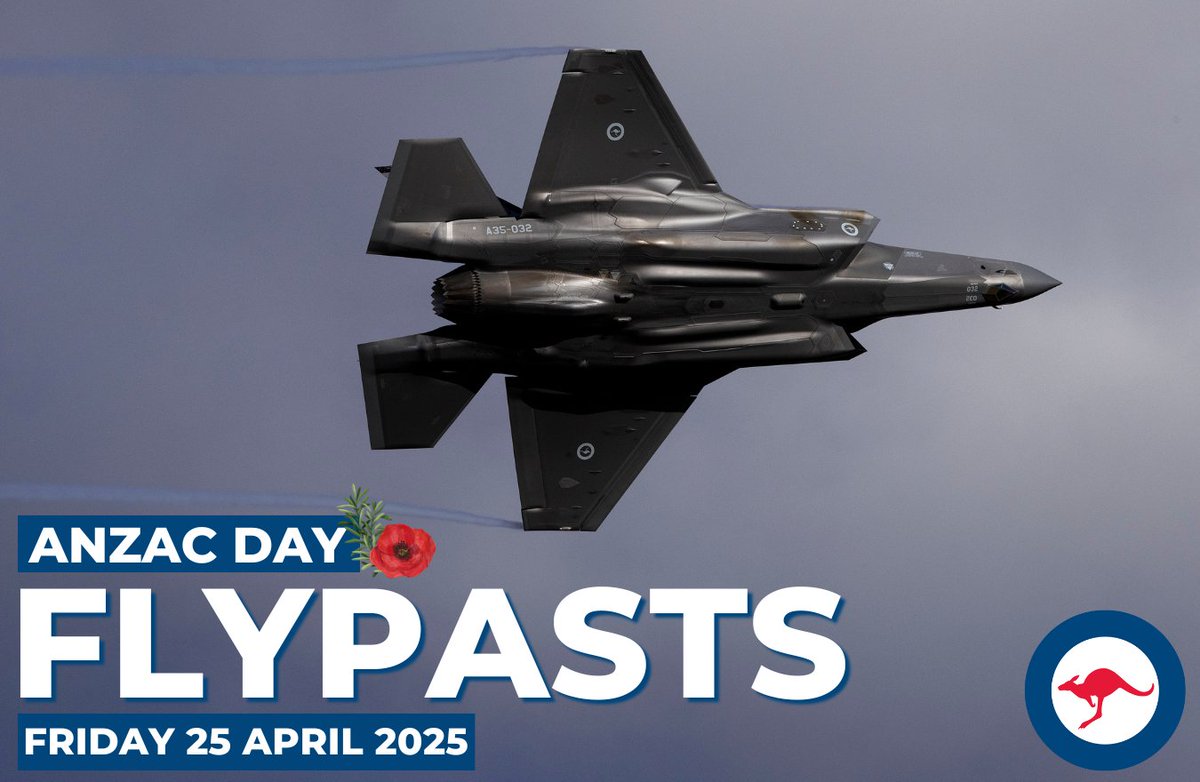 Friday is #AnzacDay2025, and our aircraft will be conducting flypasts in different locations around the country. ✈️ ❤️

Full details: airforce.gov.au/news-events/ev…

All #FlyingActivity is subject to change at short notice.

#AusAirForce #AnzacDay #LestWeForget