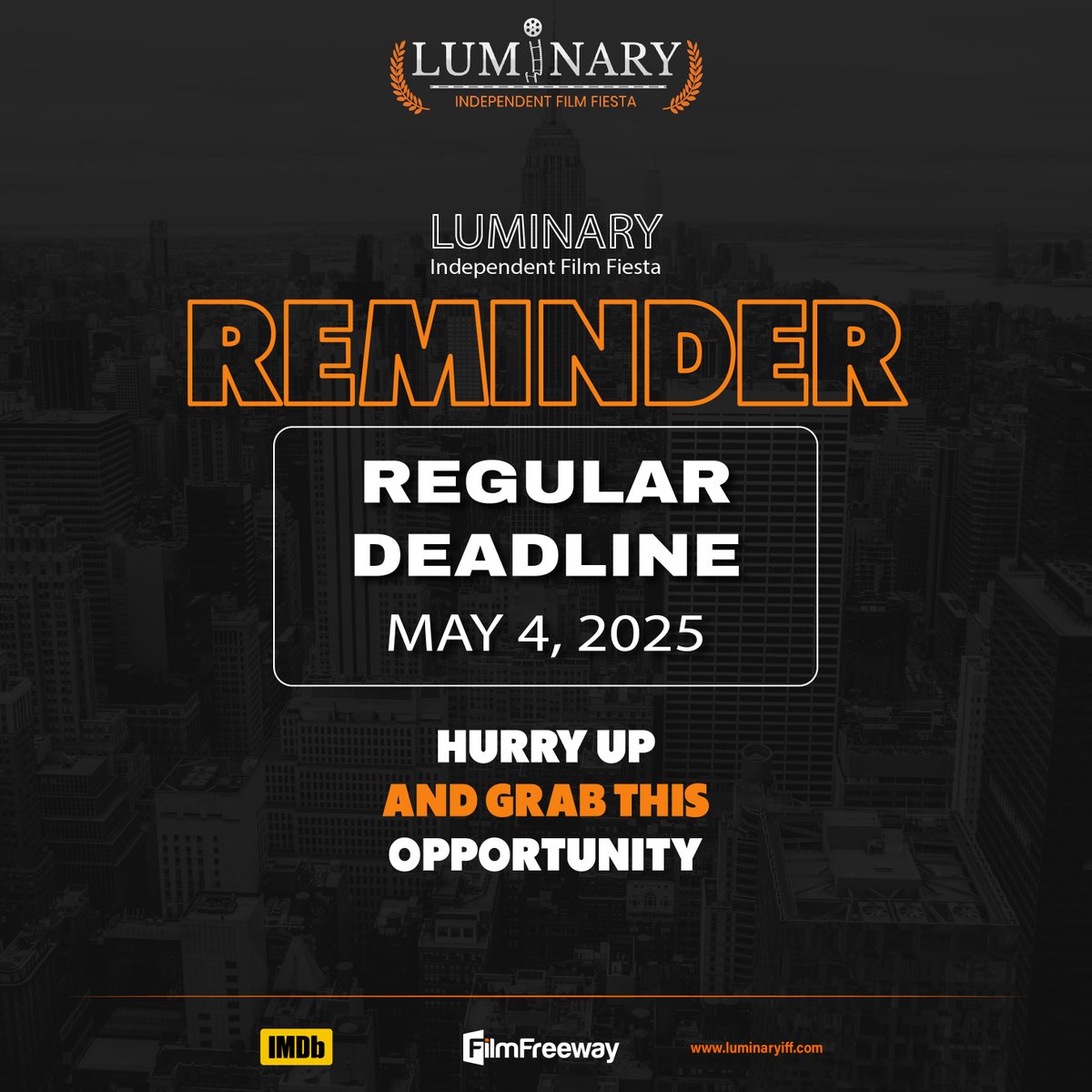 Our regular deadline is just 10 days away! It's on this 4th May! Don't miss the opportunity to reserve your spot at our festival at the earliest! Submit your projects now - filmfreeway.com/LuminaryIndepe…

#FilmFestival #Directors #MovieMakers #Cinéma #París #RegularDeadline #Deadline