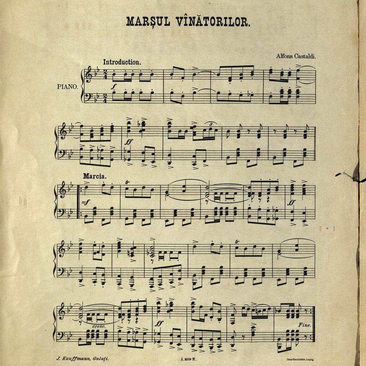 În data de 23 aprilie 1874, în Maddaloni (Campania, Italia), se naște Alfonso #Castaldi – compozitor, dirijor și profesor de muzică român de origine italiană. S-a stabilit în România la vârsta de 20 de ani.

„Marşul Vênătorilor”, [1890]
Cota: M-III-14097
#partitură #muzică