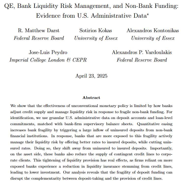 🚨 New paper on QE, bank liquidity management, &amp; non-bank funding 🚨

2 key questions:

1. How do banks manage liquidity risk across assets and liabilities when faced with funding fragility?

2. What does this imply for QE's effectiveness?

Full paper: federalreserve.gov/econres/feds/Q…
