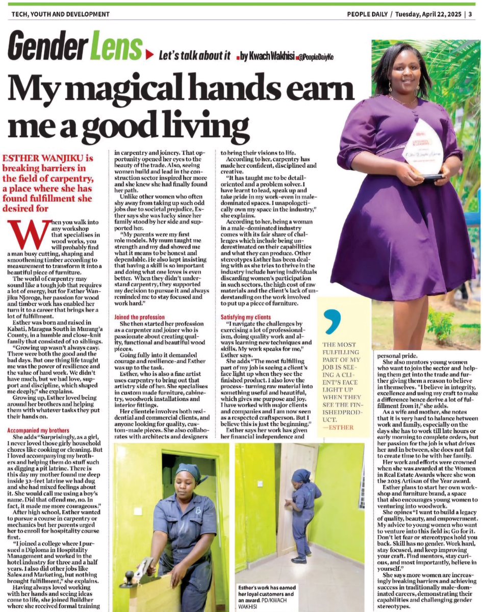 Big win! Esther Wanjiku, a Buildher Alumnae, is featured in People Daily’s Gender Lens segment!
This is what our program delivers—real skills, real impact, real recognition.
#BuildherWorks #WomenInTrades #ConstructionLeaders #GenderLens #BuildherImpact