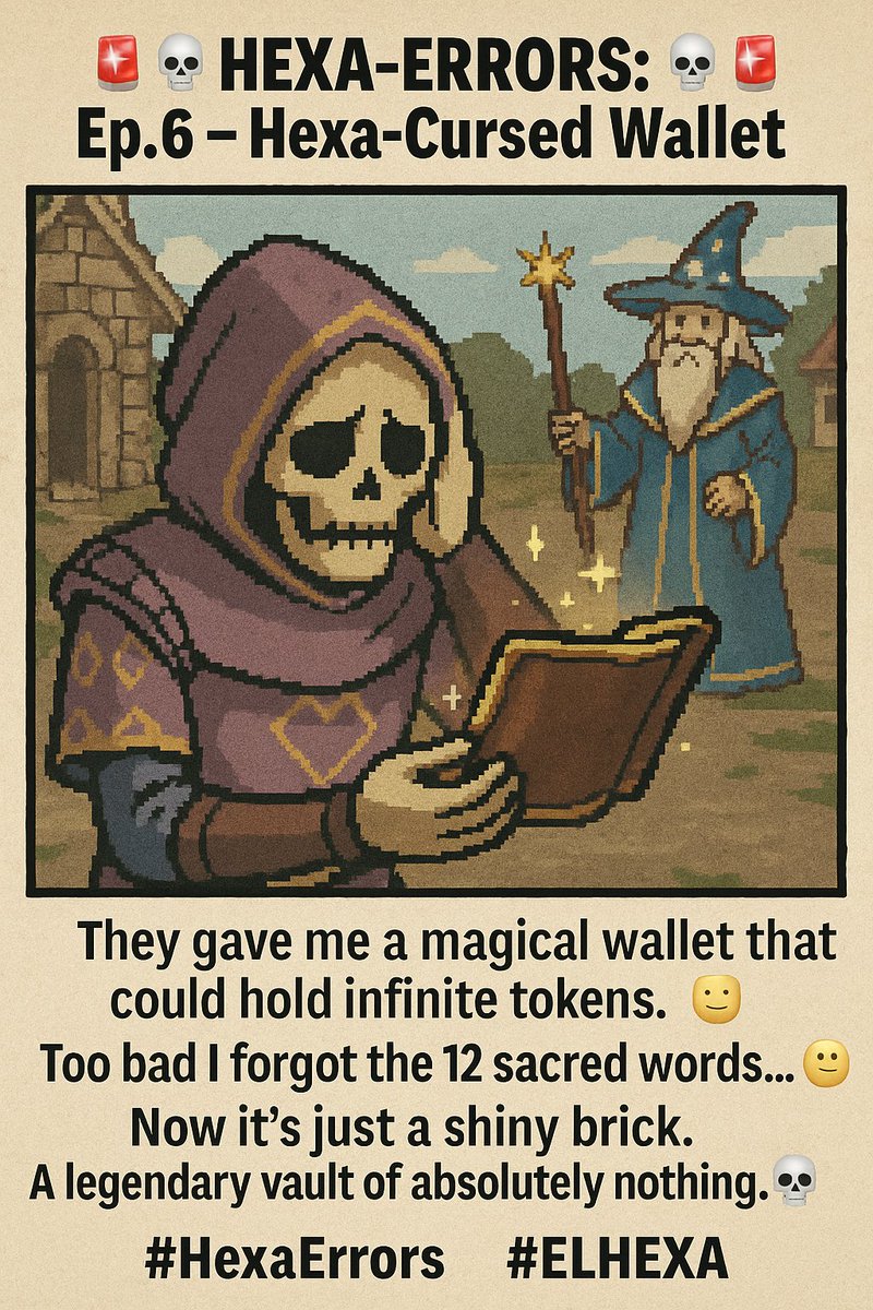 🚨🔒 HEXA-ERRORS: Ep.6 – Hexa-Cursed Wallet 🔒🚨

They gave me a magical wallet that could hold infinite tokens. 💼✨
Too bad I forgot the 12 sacred words... 😶

Now it’s just a shiny brick.
A legendary vault of absolutely nothing. 💀🔐

Good news: in ELHEXA, you don’t need to