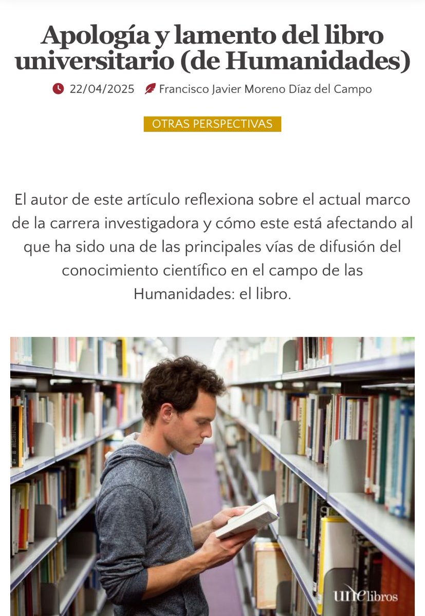 Francisco J. Moreno (@morenodiazcampo) on Twitter photo 📚
“Apología y lamento del libro universitario (de Humanidades)”
Gracias a <a href="/unelibros/">Edición Universitaria</a> por permitirme reflexionar en voz alta acerca de la importancia (y los límites) del #libro como vehículo de difusión de las #Humanidades
¡Feliz #DiaDelLibro !
👇
📖 👉 unelibros.une.es/apologia-y-lam… 📚
“Apología y lamento del libro universitario (de Humanidades)”
Gracias a <a href="/unelibros/">Edición Universitaria</a> por permitirme reflexionar en voz alta acerca de la importancia (y los límites) del #libro como vehículo de difusión de las #Humanidades
¡Feliz #DiaDelLibro !
👇
📖 👉 unelibros.une.es/apologia-y-lam…