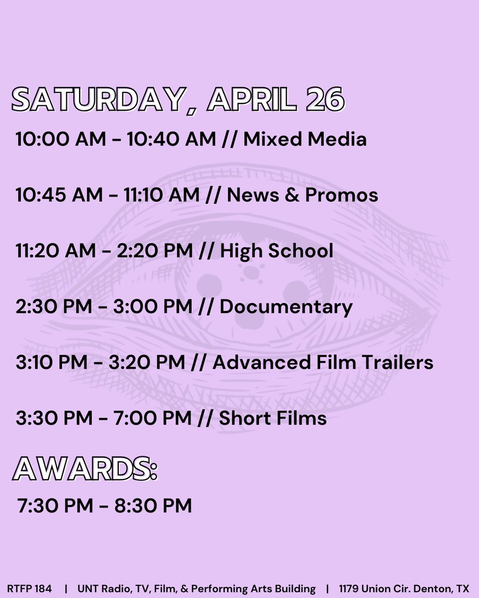 MediaArts_UNT's tweet image. Take a look at the schedule for the Media Arts Festival this weekend! The festival is packed with student films, panels, and collaborations with Thin Line! Get the full schedule on the Media Arts Website in our bio.