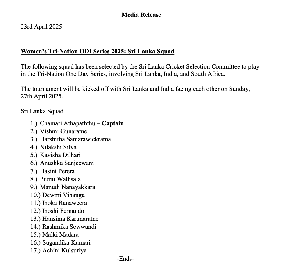 Sri Lanka's squad for the tri-nations has been announced. Exciting to see youngsters like Manudi Nanayakkara, Dewmi Vihanga, Rashmika Sewwandi  and Malki Madara included. Inoka Ranaweera also returns!