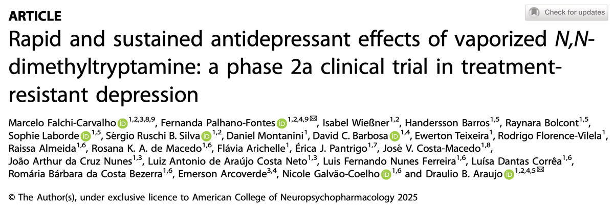 alieninsect's tweet image. Rapid and sustained antidepressant effects of vaporized N,N-dimethyltryptamine (DMT)...
Small, non-blinded, study but impressive results nonetheless...

All 14 clinically depressed subjects received DMT (&amp;gt;96% pure isolated from Mimosa hostilis root bark -- none of this fancy…