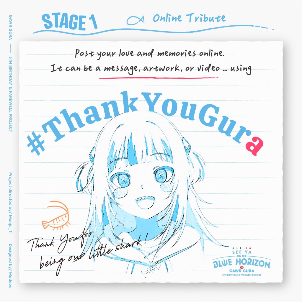 Blue_Horizon620's tweet photo. [Blue Horizon – Gura Farewell &amp; Birthday Project]
Two stages of the project:
① Now–May 1｜Post your love with #ThankYouGura
② June｜Birthday &amp; farewell lightbox ads in Hong Kong

📣 Lightbox fundraising is in progress !
#gawrgura 
#gawrt

Chumbuds, come join us! https://t.co/5xLZZEAQyD