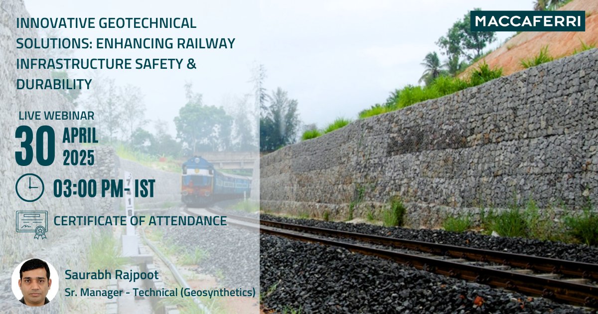 Join us on 30 Apr 2025 at 03:00PM - IST for a #webinar on “Innovative Geotechnical Solutions: Enhancing Railway Infrastructure Safety and Durability".
Register Now: maccaferri.com/in/webinar/inn…
Access to webinar is free, available on registration only.
#MaccaferriIndia #IndianRailways