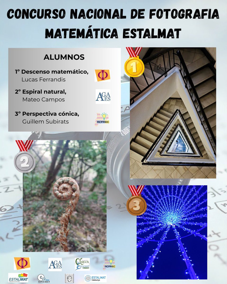 📣Ja tenim els guanyadors del concurs nacional de fotografia matemàtica #Estalmat

Categoria alumnes
🥇Descenso matemático, Lucas Ferrandis (Comunitat Valenciana)
🥈Espiral natural,  Matei Campos (Galicia)
🥉Perspectiva cónica, Guillem Subirats (Catalunya)
