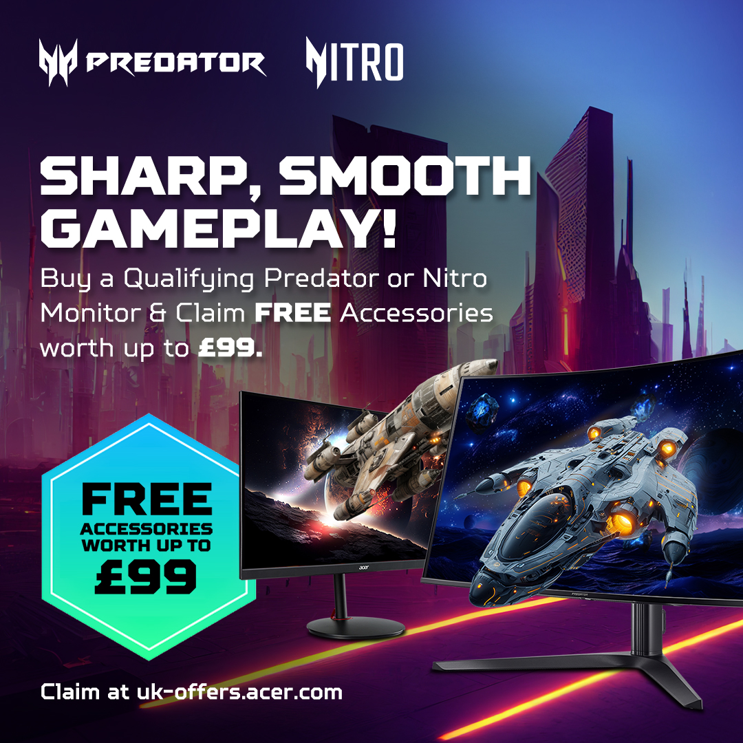Ebuyer's tweet image. Get up to £99 worth of FREE accessories when you buy qualifying @Acer Predator or Nitro Gaming Monitors!

Upgrade your setup today to claim this exclusive offer 👉 ebuyer.com/search?tags=fr…

#acer #acerpredator #acernitro #gamingmonitor