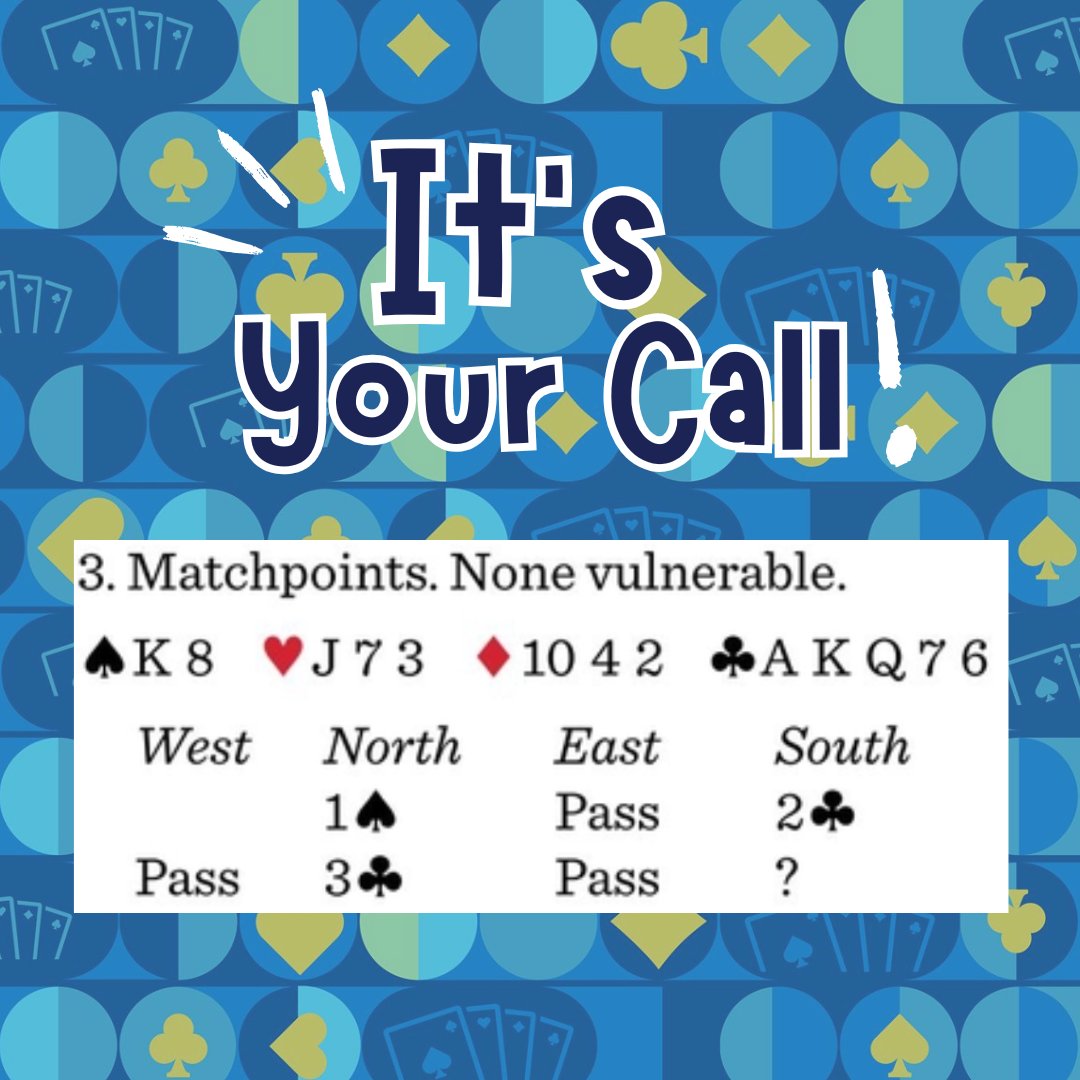 For yesterday’s It’s Your Call deal, 3♦️ was the top call.⁠

See the full panel’s comments here: l8r.it/0gJ9

#swipe #play #bridge #guess #cards #game #acbl #contractbridge #bridgeleague #cardgames #playbridge #bridgequiz #gameofbridge #learn #fun