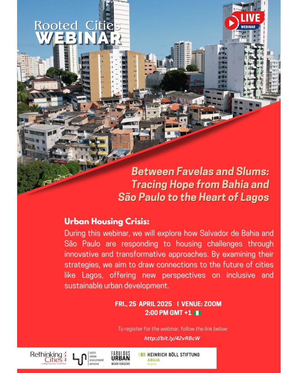 The Rooted Cities Webinar is this Friday, April 25th at 2 PM!

Between Favelas and Slums: Tracing Hope from Bahia and São Paulo to the Heart of Lagos

Explore innovative housing solutions and their relevance to Lagos.

🔗 Register: bit.ly/42vRBcW

#RootedCities