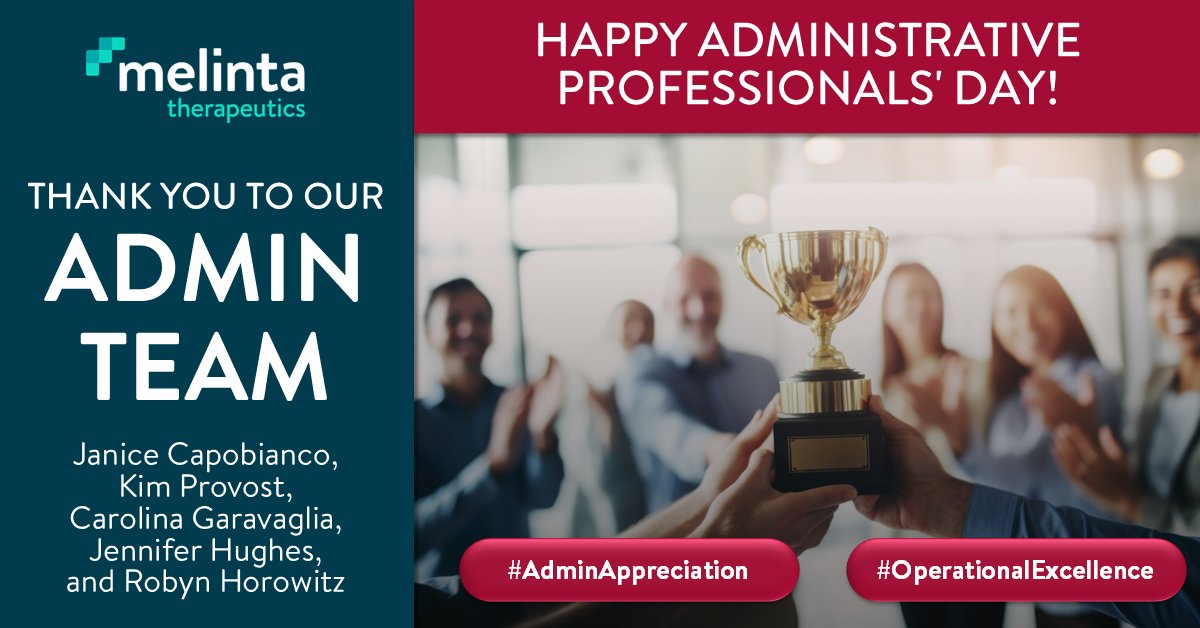 Today is #AdminProfessionalsDay and we’re celebrating the people who keep Melinta running smoothly.

👉 Thank you Janice Capobianco, Kim Provost, Carolina Garavaglia, Jennifer Hughes, and Robyn Horowitz

Your impact drives our mission forward!

#ThankYou #Gratitude