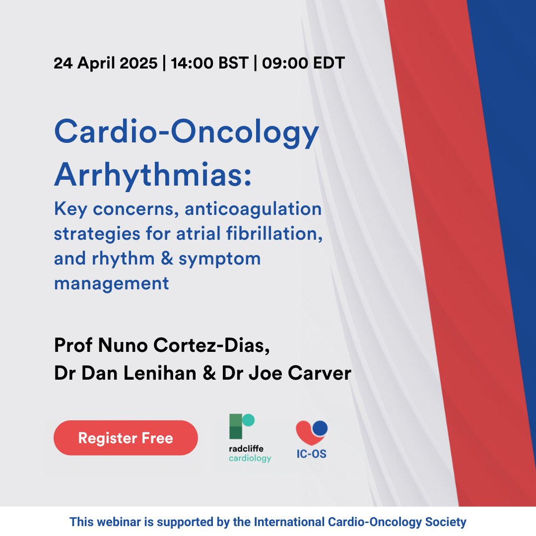 Radcliffe Cardiology (@radcliffecardio) on Twitter photo 🗓️ The next webinar in the #CardioOnc series is this Thursday, titled 'Cardio-Oncology Arrhythmias: Key Concerns, Anticoagulation Strategies for Atrial Fibrillation and Rhythm & Symptom Management'
🔗 Register for free now 👉 ow.ly/ZP0p50VGa1m
Expert faculty <a href="/cortezdias/">Nuno Cortez-Dias, MD PhD</a>, 🗓️ The next webinar in the #CardioOnc series is this Thursday, titled 'Cardio-Oncology Arrhythmias: Key Concerns, Anticoagulation Strategies for Atrial Fibrillation and Rhythm & Symptom Management'
🔗 Register for free now 👉 ow.ly/ZP0p50VGa1m
Expert faculty <a href="/cortezdias/">Nuno Cortez-Dias, MD PhD</a>,