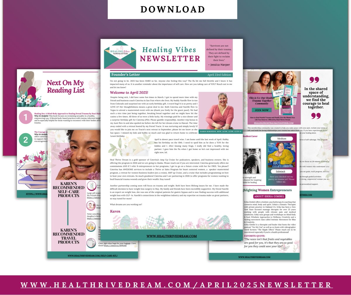 healthrivedream's tweet image. 🌟 The new edition of Healing Vibes is here! 

💌 Check out this month’s edition for inspiring resources to guide you on your healing journey and for one of my favorite ways to heal-travel!
healthrivedream.com/April2025Newsl…

#HealingJourney #HealThriveDream #KarenRobinson #HealingTogether