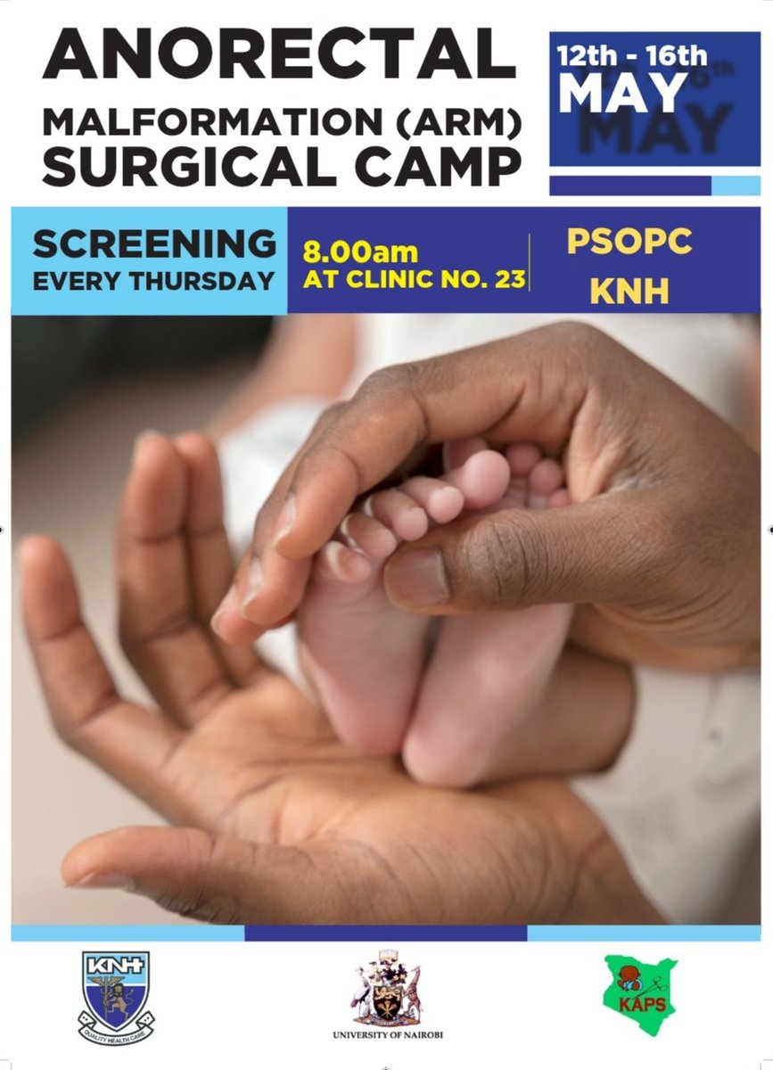 **ANORECTAL MALFORMATION CAMP SCREENING ALERT!** 
 
Are you or someone you know affected by Anorectal Malformation? Don't miss this opportunity! 🏥  
<a href="/uonbi/">University of Nairobi</a>
<a href="/KNH_hospital/">Kenyatta National Hospital</a> #anorectalmalformation #kenyaassociationofpaediatricsurgeons
#surgicalcamp