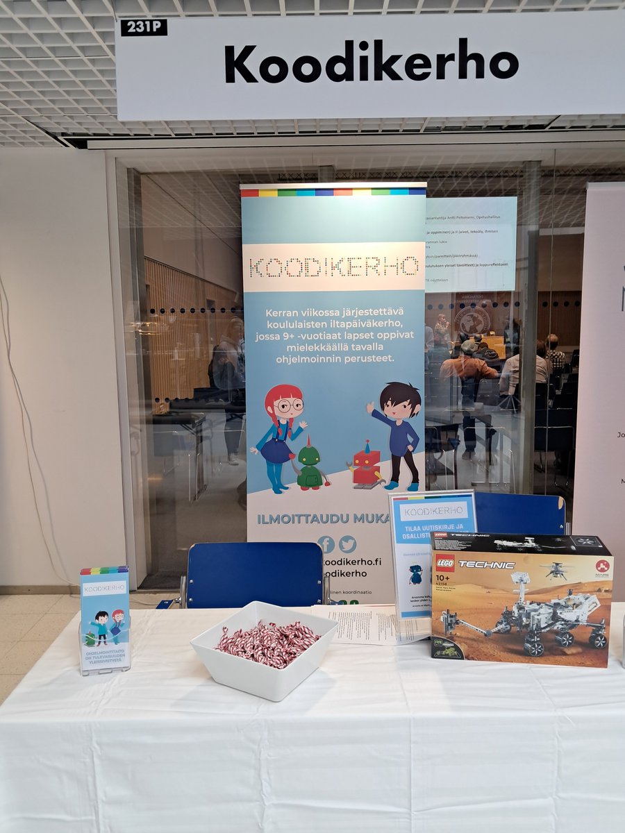#Koodikerho 23.4. - 25.4. tavattavissa ITK-konferenssi'ssa Tampere-talolla, paikassa 231P, 2. kerros, Duettojen edessä. Tule tutustumaan valtakunnalliseen lasten kerhotoimintaamme! 😊 
P.S. voit myös osallistua ständillämme Lego Technic -setin arvontaan. 🤖