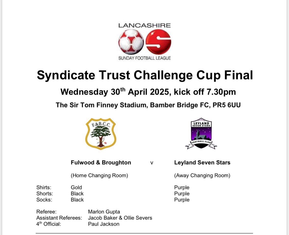 Fulwood & Broughton FC (@fandbfootball) on Twitter photo ๐จSAVE THE DATE๐จ
Next Wednesday we face <a href="/LeylandSSFC_/">Leyland Seven Stars FC</a> in a mouth watering cup final down at Bamber Bridge FC. Both sides done well to get here but weโre ready for the challenge and always a great battle between the sides. Letโs go the F&B ๐๐โฝ๏ธ ๐จSAVE THE DATE๐จ
Next Wednesday we face <a href="/LeylandSSFC_/">Leyland Seven Stars FC</a> in a mouth watering cup final down at Bamber Bridge FC. Both sides done well to get here but weโre ready for the challenge and always a great battle between the sides. Letโs go the F&B ๐๐โฝ๏ธ