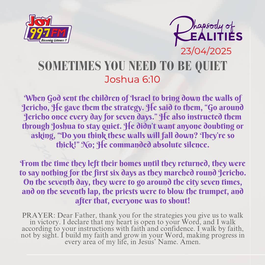 Joy997FM's tweet photo. Rhapsody of Realities: Sometimes You Need To Be Quiet | Joshua 6:10. #RhapsodyofRealities https://t.co/gxSPAyYZXQ