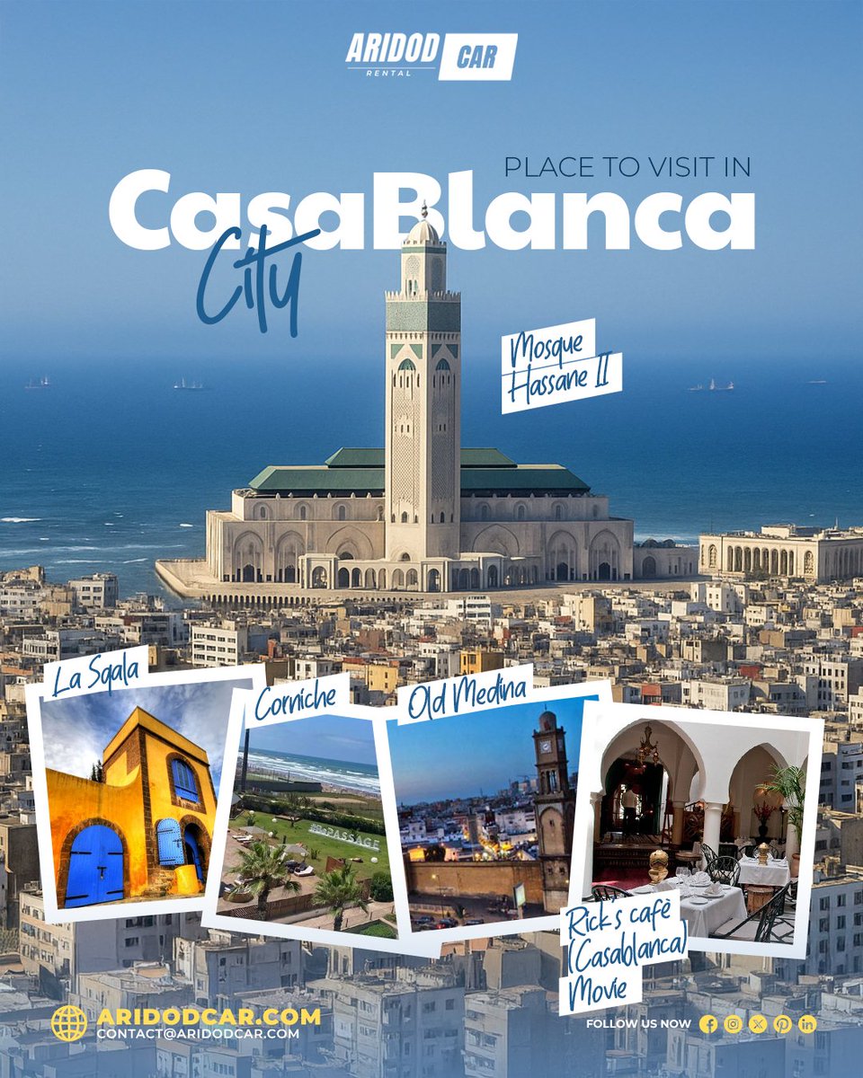 AridodCar's tweet photo. Visiting Casablanca? Here’s what to do ⬇️
Hassan II Mosque
Walk the Corniche
Morocco Mall
Habous Medina
Port de Pêche seafood
Place Mohammed V
Rent with #AridodCar 
New 2025 models
With or without driver
Airport pickup | City delivery
Book now → https://t.co/W5bJf3o7dM https://t.co/R3LI3w9pLn