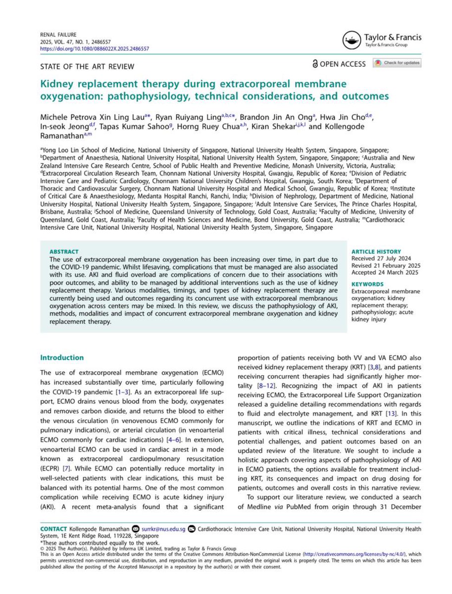 🔥 Hot Off the Press!
State-of-the-art review on ECMO in critically ill patients with AKI &amp; fluid overload—deep dive into KRT strategies, technical nuances &amp; outcomes.
Proud to be part of this!

Read now tandfonline.com/doi/epdf/10.10… 
#CriticalCare #AKI #ECMO #Nephrology #ICU